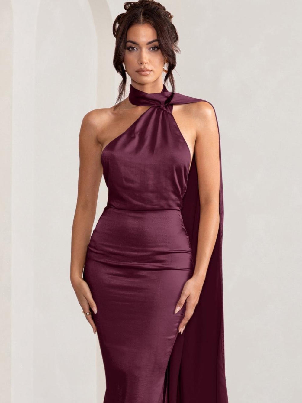 Club L London Mademoiselle Burgundy Satin Halter Cape Maxi Dress Gown